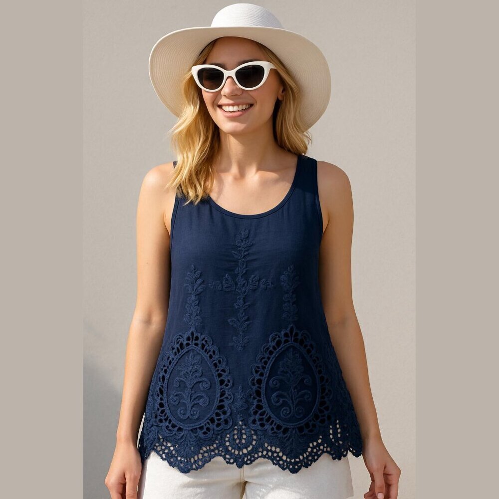 Temperance Women's Small Navy Embroidered Lace Back Button Bohemian Tank Top